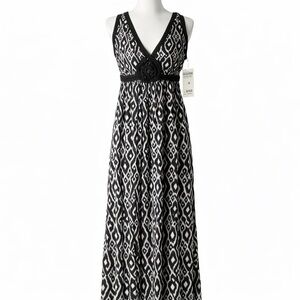 Max Edition Black White Ikat Maxi Dress Braided Waist NWT M